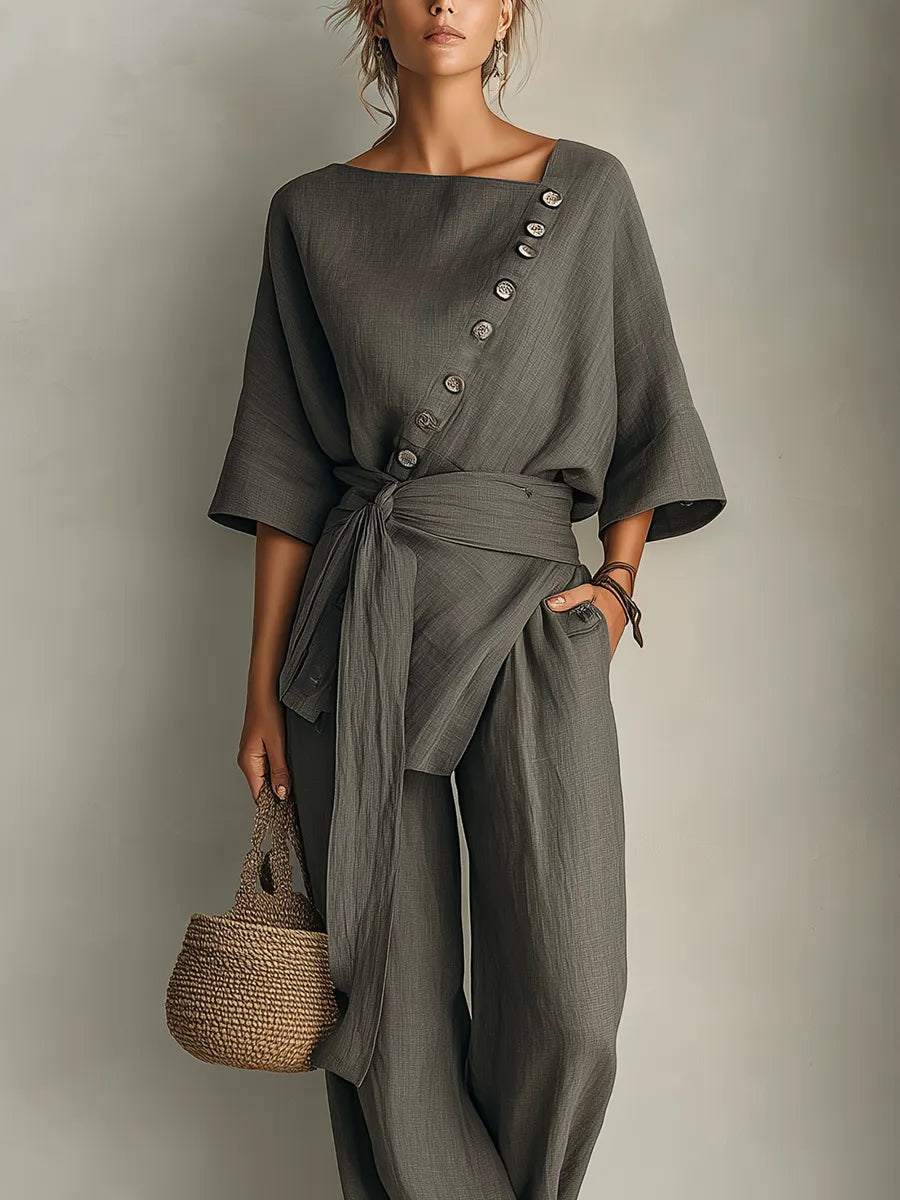 Coastal Minimal Textured Linen Two-Piece Pants Set