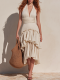 Romantic Bohemian V-Neck Sleeveless Ruffled Textured Chiffon Midi Dress