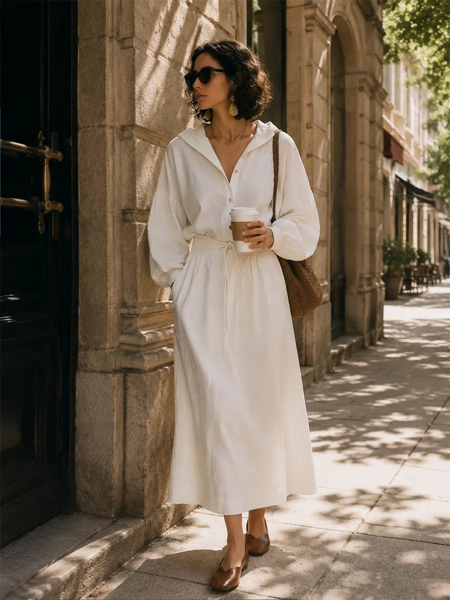 Minimalist White Hooded Drawstring Maxi Dress