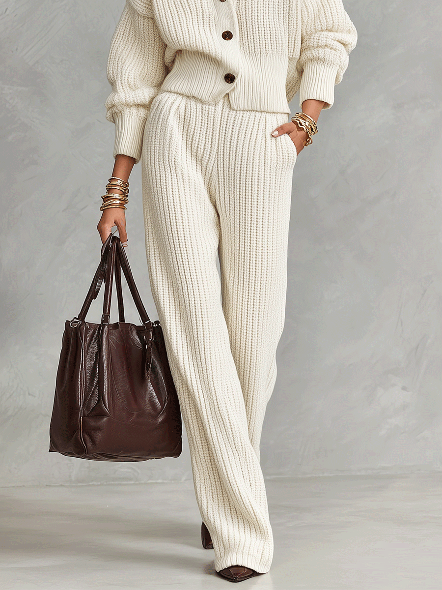 Chunky Ribbed Knit Two-Piece Set - Button Cardigan & Wide-Leg Pants