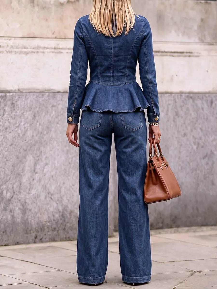 Women's Casual Loose-fit Denim Set: Long-sleeve Crew-neck Top And High-waisted Wide-leg Jeans