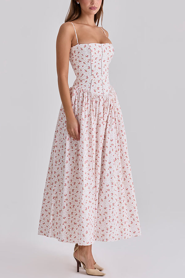 Romantic Countryside Stretch Cotton Blend Floral Print Cutout Trim Slip Midi Dress