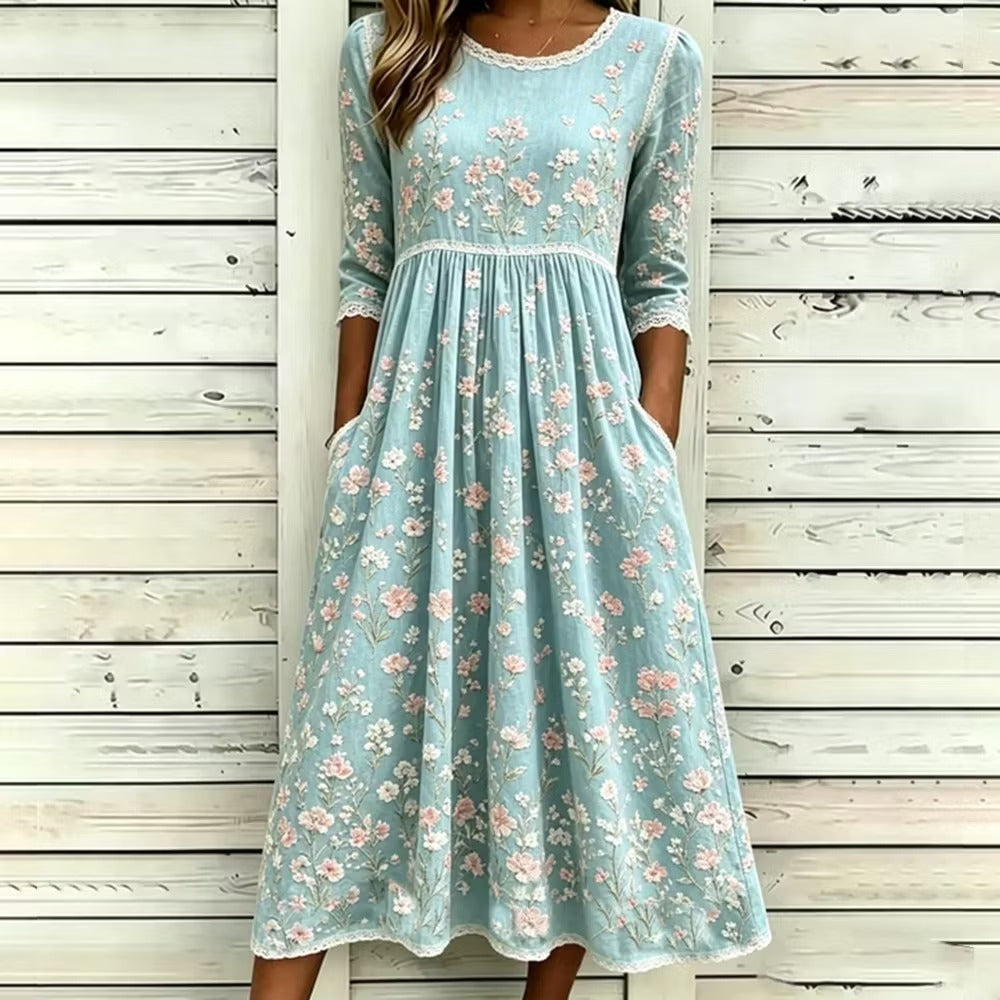 Retro Pink Flower Art Linen Blended Lake Blue Round Neck Mid Sleeve Dress