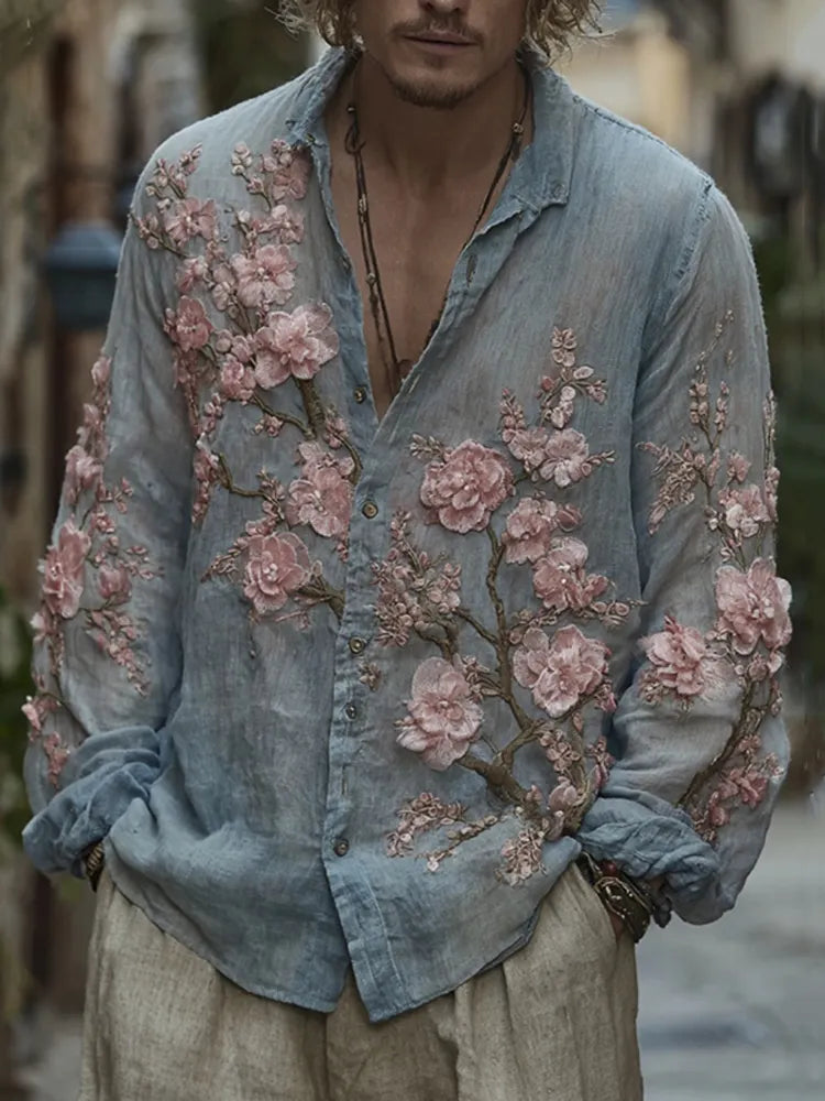 Men's Vintage Cherry Blossom Embroidered Flowy Linen Shirt