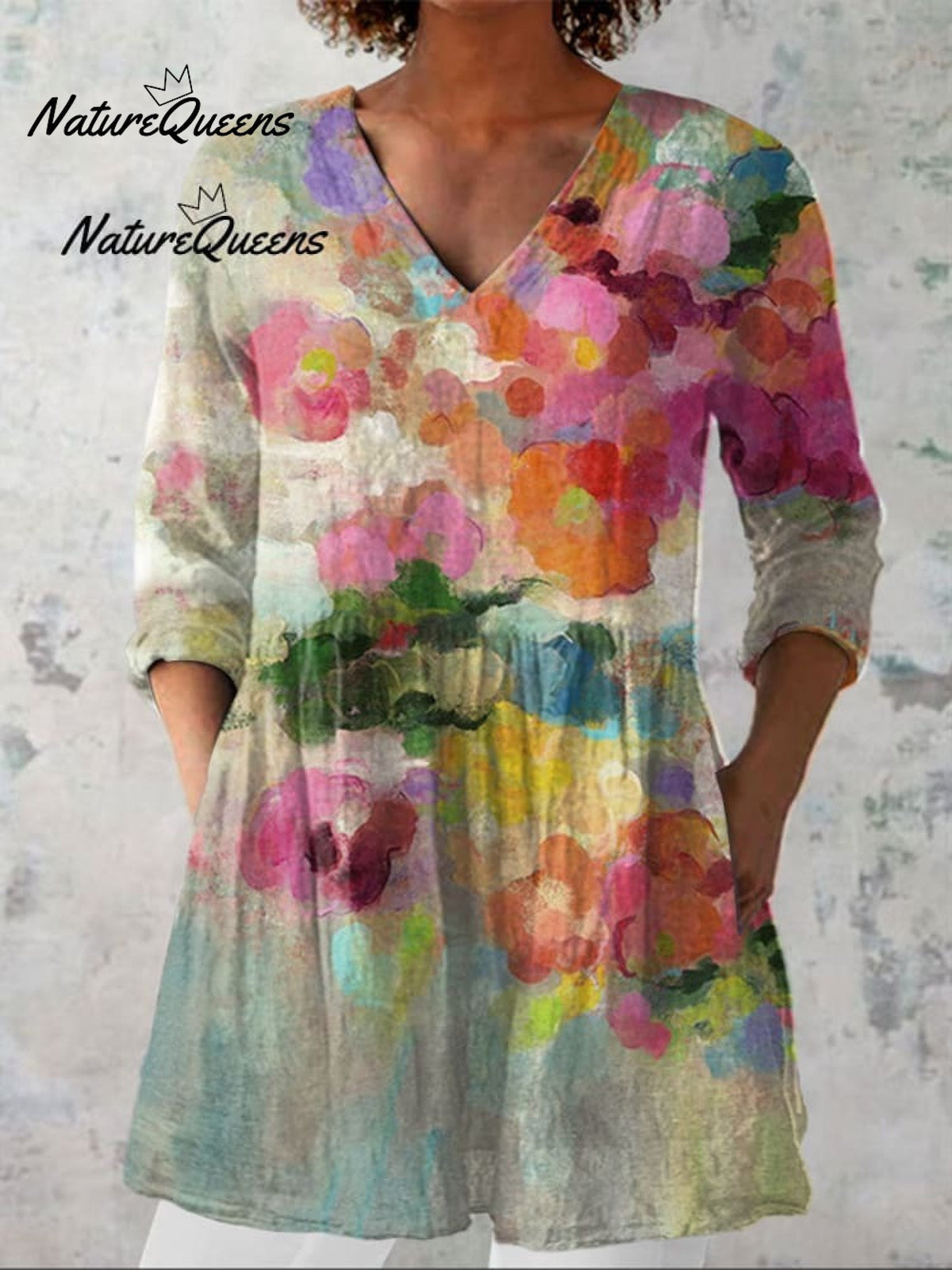 Women's  Floral Art Print Casual Cotton And Linen 3/4 Sleeve Shirt