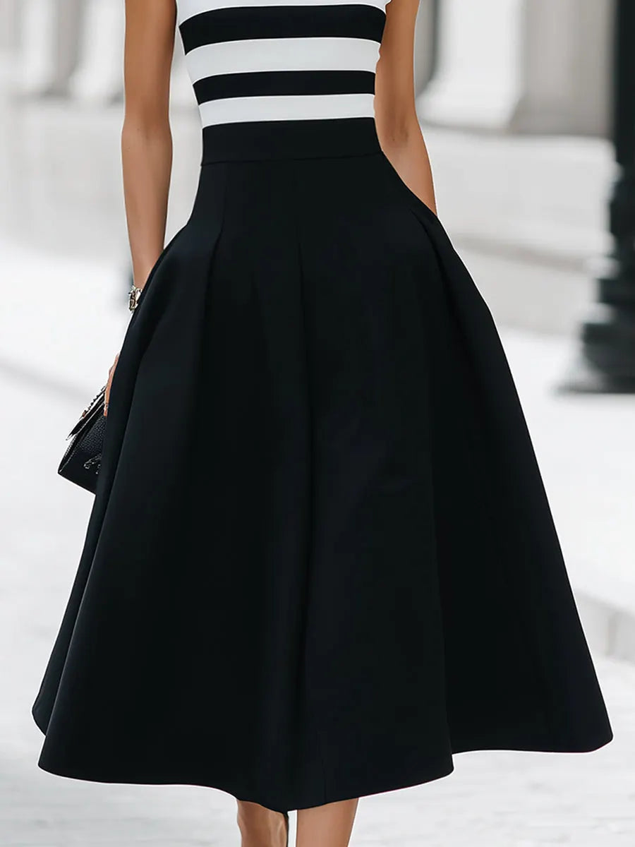 Chic Striped Sleeveless Midi Dress With Pockets