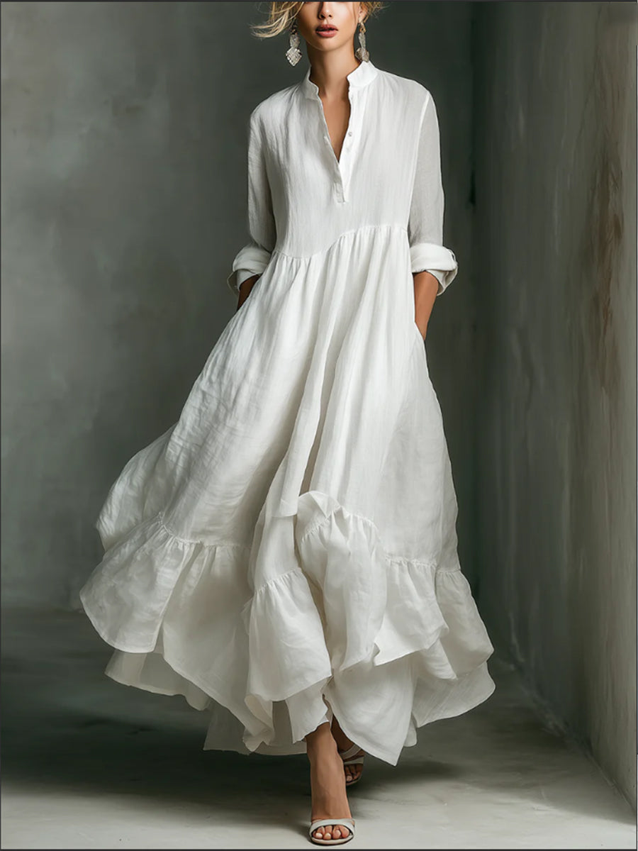 Elegant Women's Printed Maxi Dress With Ruffle Details.