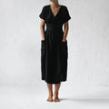 Women's Fashion V Neck Belt High Waist Short Sleeves Cotton- Linen Dress