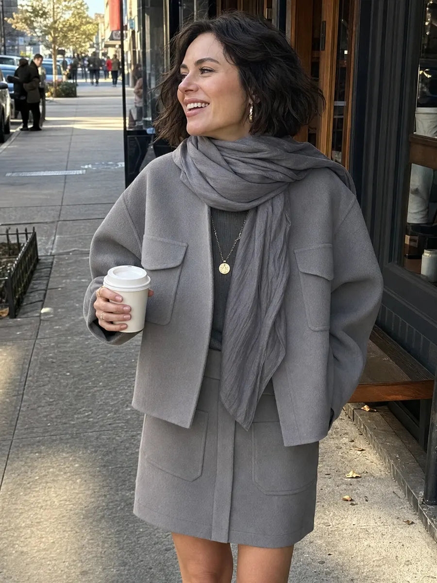 Grey-brown Pocket Short Jacket And Skirt Set