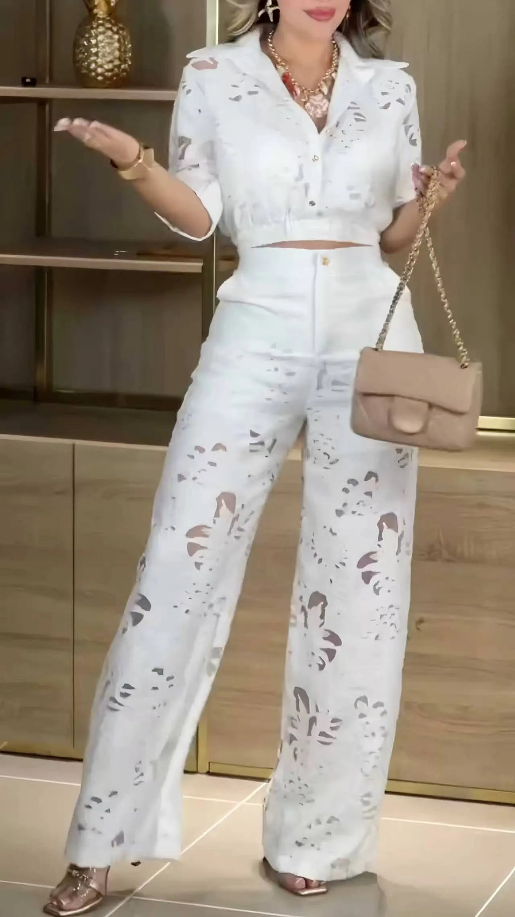 Cutwork Lace Crop Shirt & Wide‐Leg Pants Co‐Ord Set