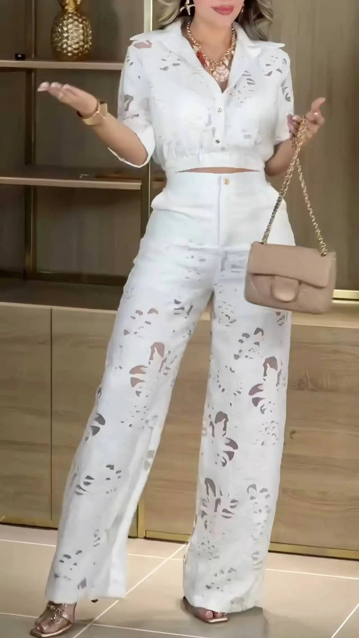 Cutwork Lace Crop Shirt & Wide‐Leg Pants Co‐Ord Set