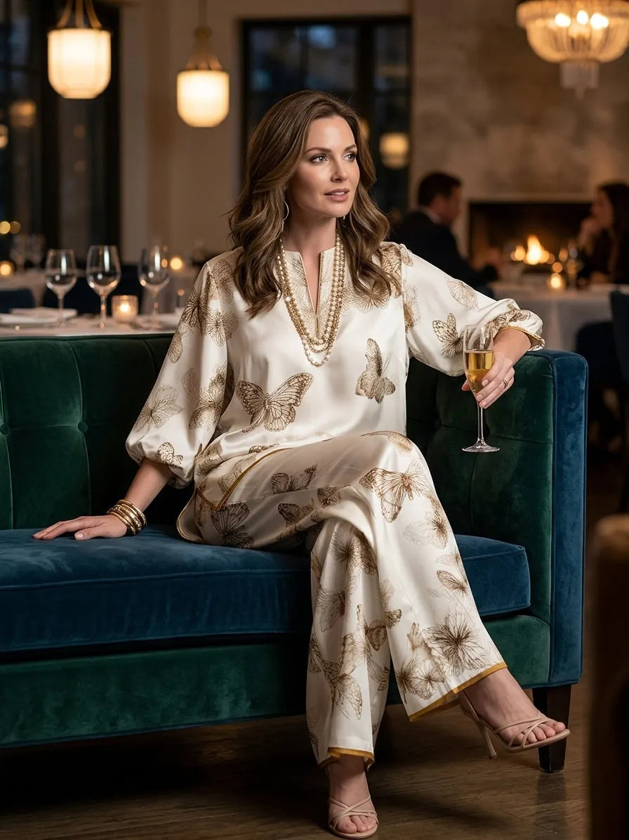 Quiet Luxury Silky Butterfly-Print Drop-Shoulder Tunic & Palazzo Cream Co-Ord Set