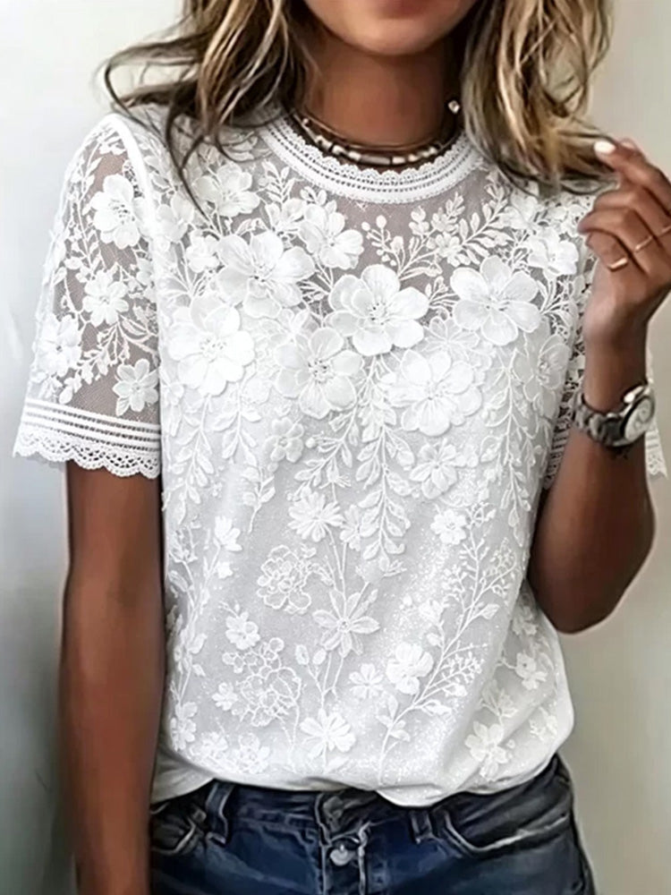 Women's White Floral Art Embroidery Linen Blend Short Sleeve Top