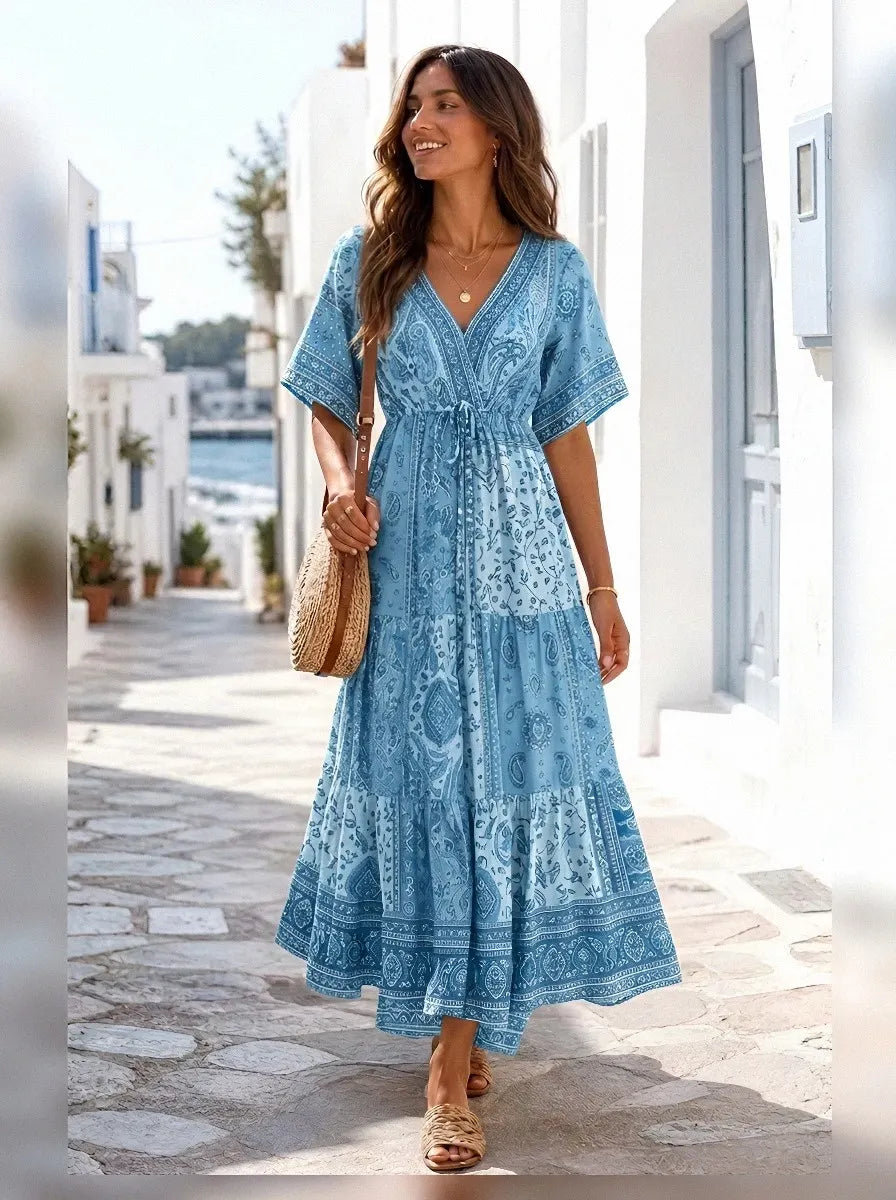 Women's Bohemian V-Neck Paisley Floral Printed Maxi Dress