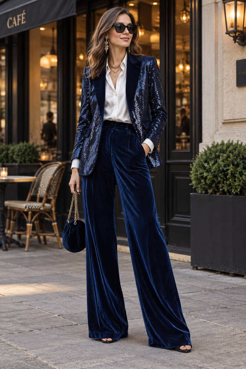 Sequin Blazer & Velvet Wide-Leg Pants Two-Piece Suit Set