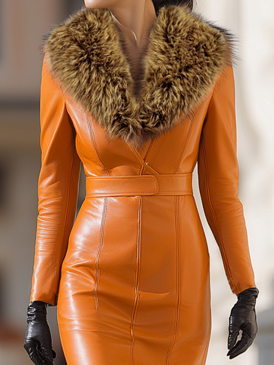 Orange Faux Leather Maxi Dress With Luxurious Fur Collar