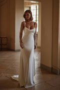 Cocoslly Cream-colored Beaded Pearls Straps Backless Wedding Dress With Lace Gloves | Ivory Satin ZT0519