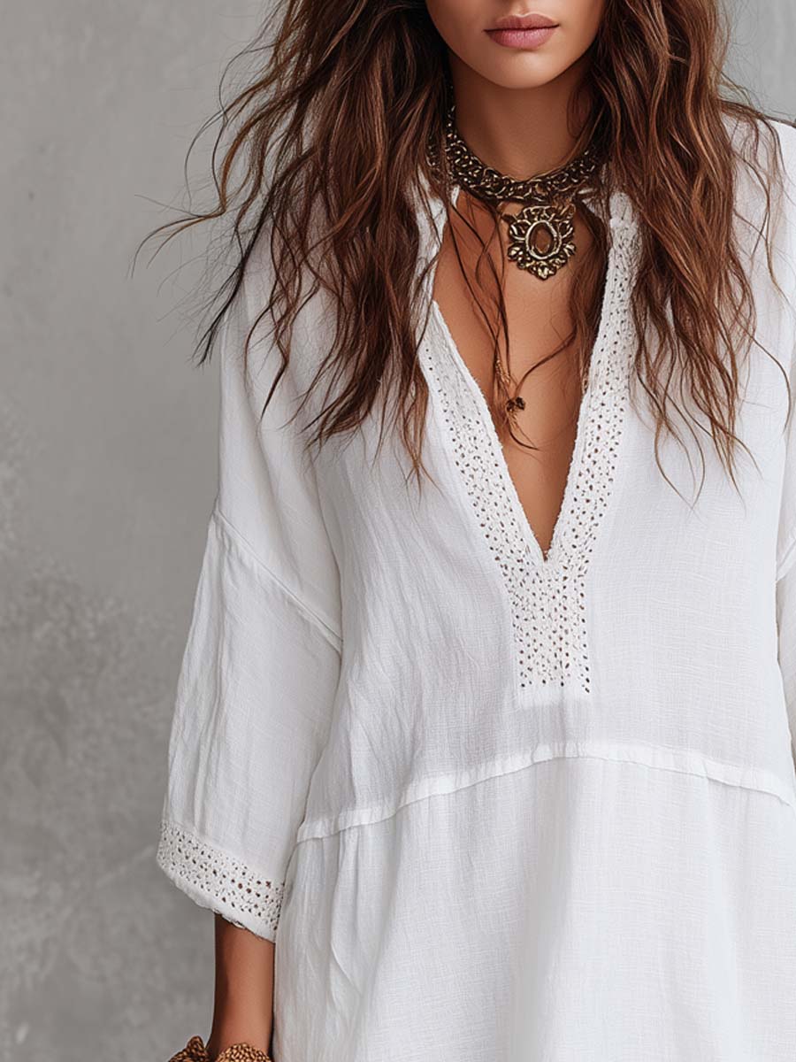 Vintage Lace Trim Draped Waistline Cotton Linen Mini Dress