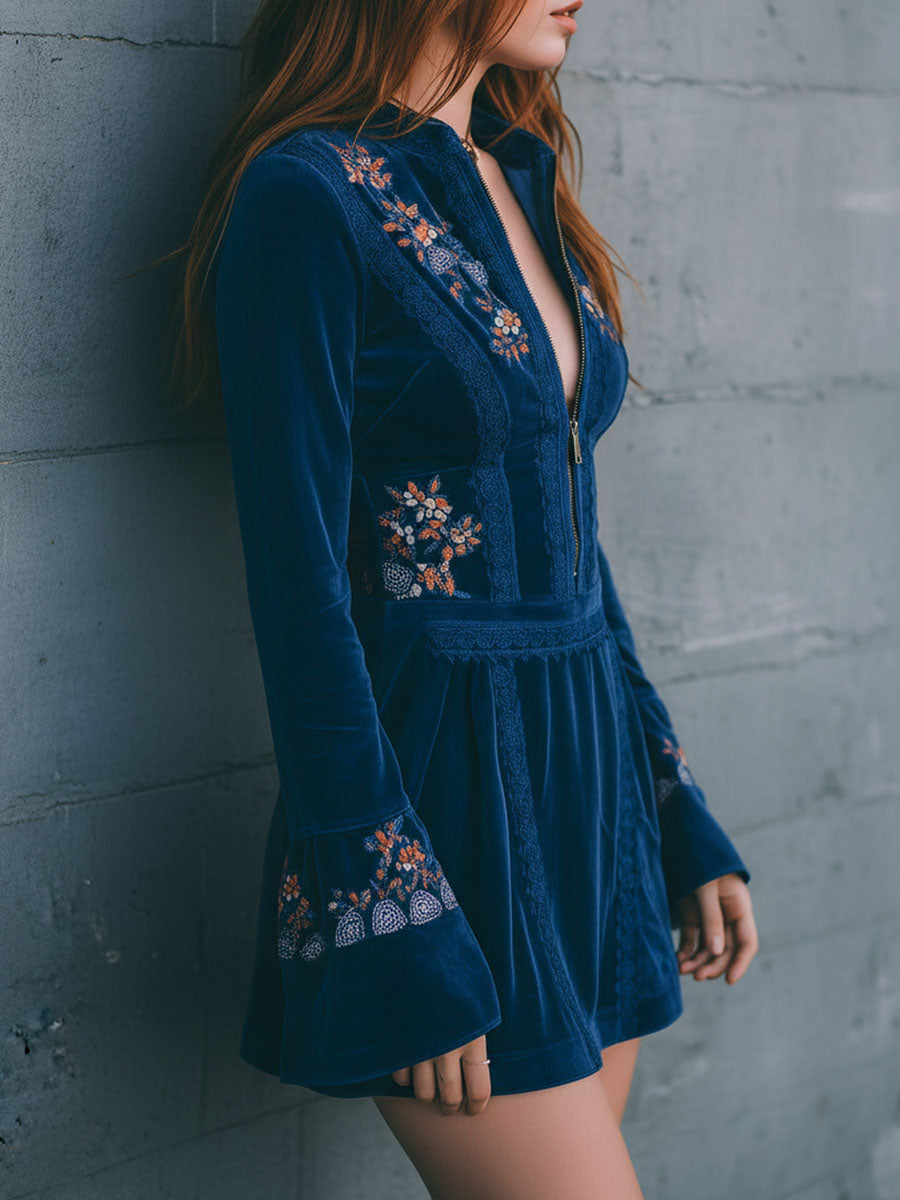 Boho Blue Velvet Zipper Front Lace Trim Embroidered Mini Dress