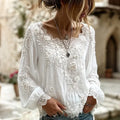 Women's Vintage White Rose Floral Art Flowy Crew Neck Long Sleeve Linen T-shirt