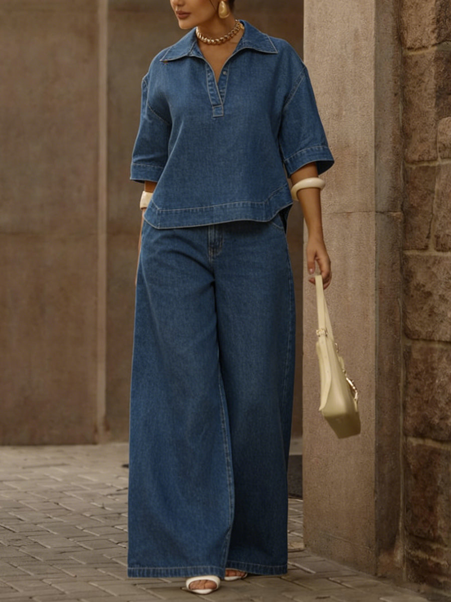 Women's Casual 100% Cotton Denim Top And Wide-leg Pants Two-piece Set