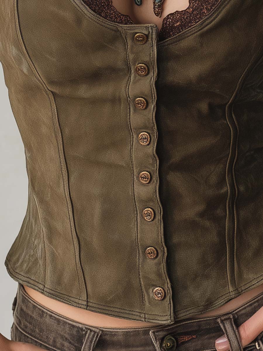 Olive Microsuede Lace Trim Button Bustier Top