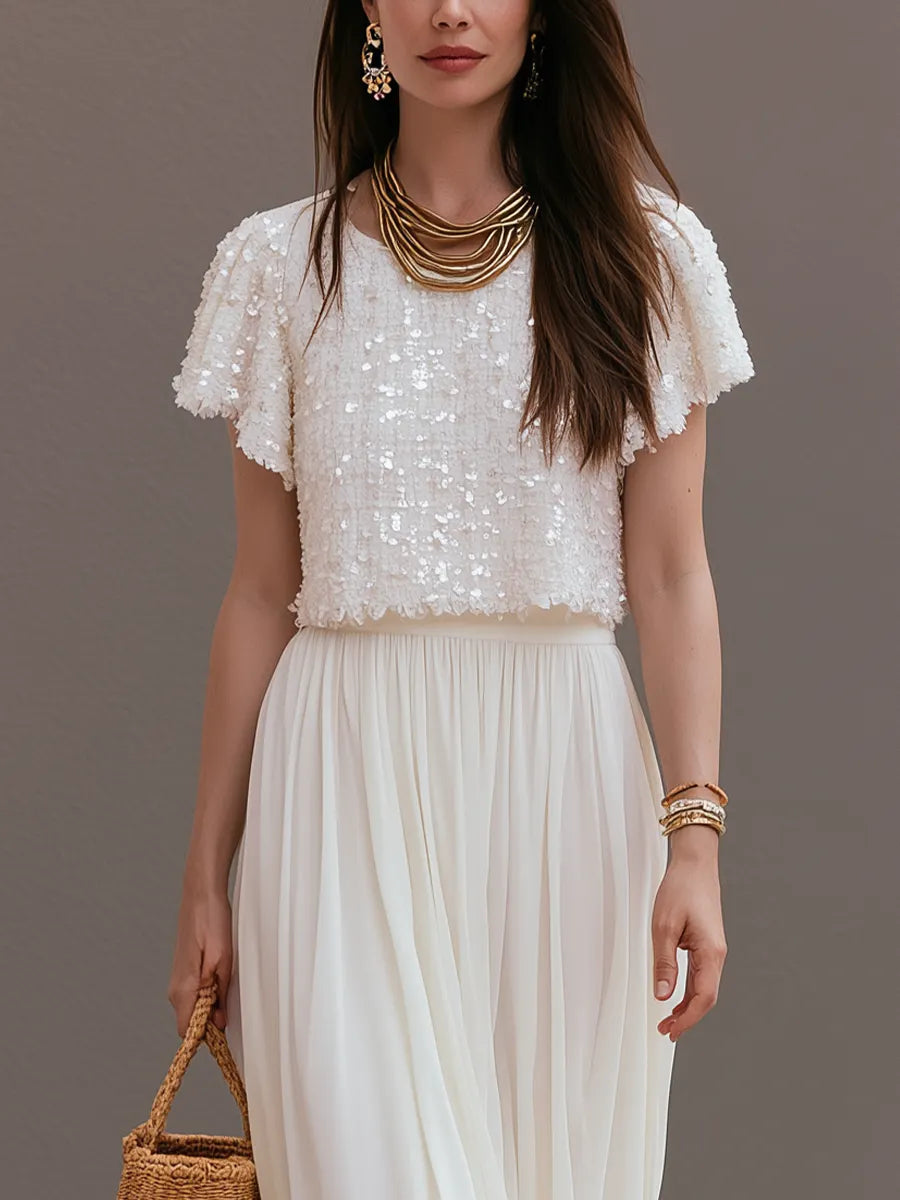 Exquisite Sequined Top And Flowing Chiffon Maxi Skirt