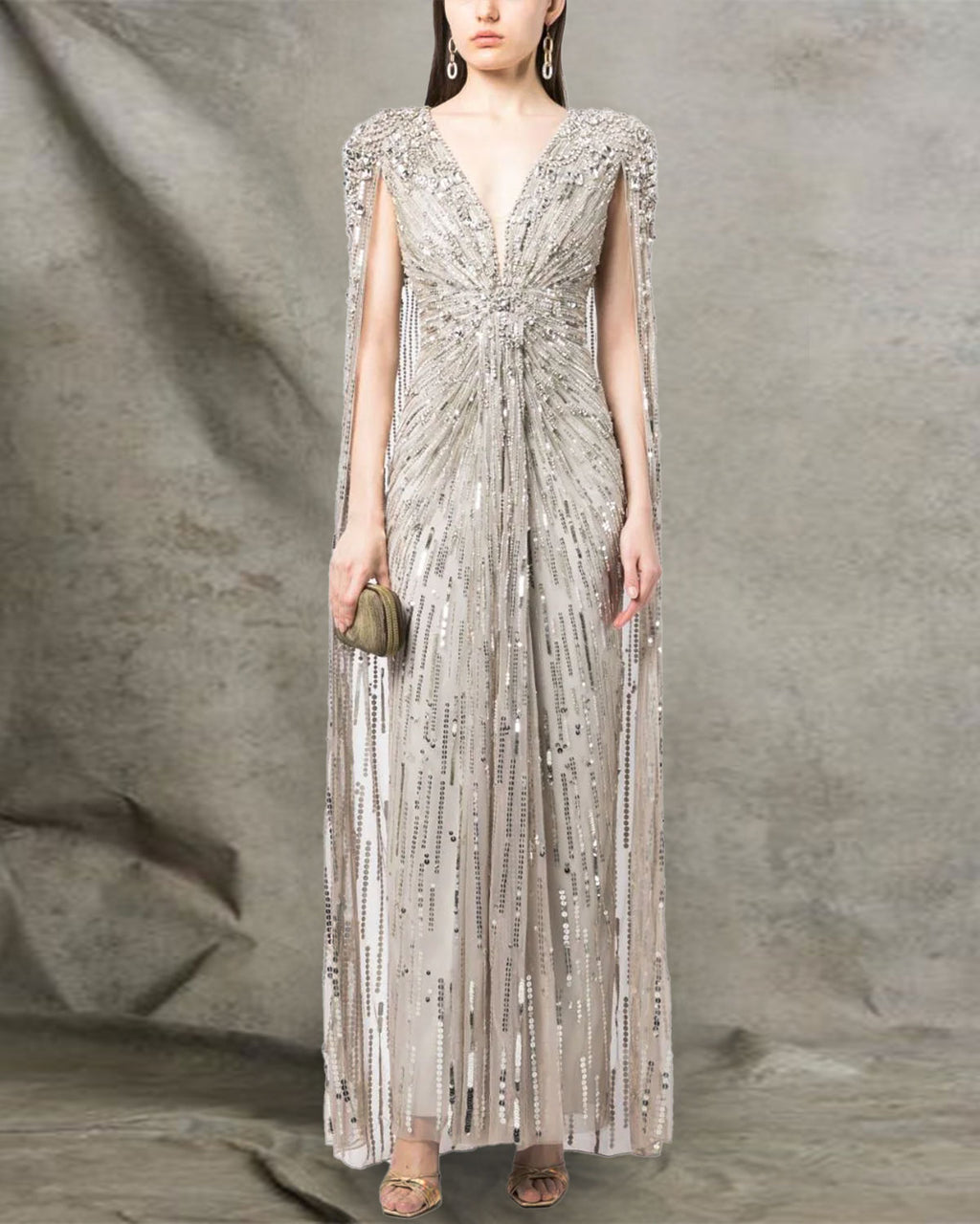 Deep V Beading Cape Sleeve Dress