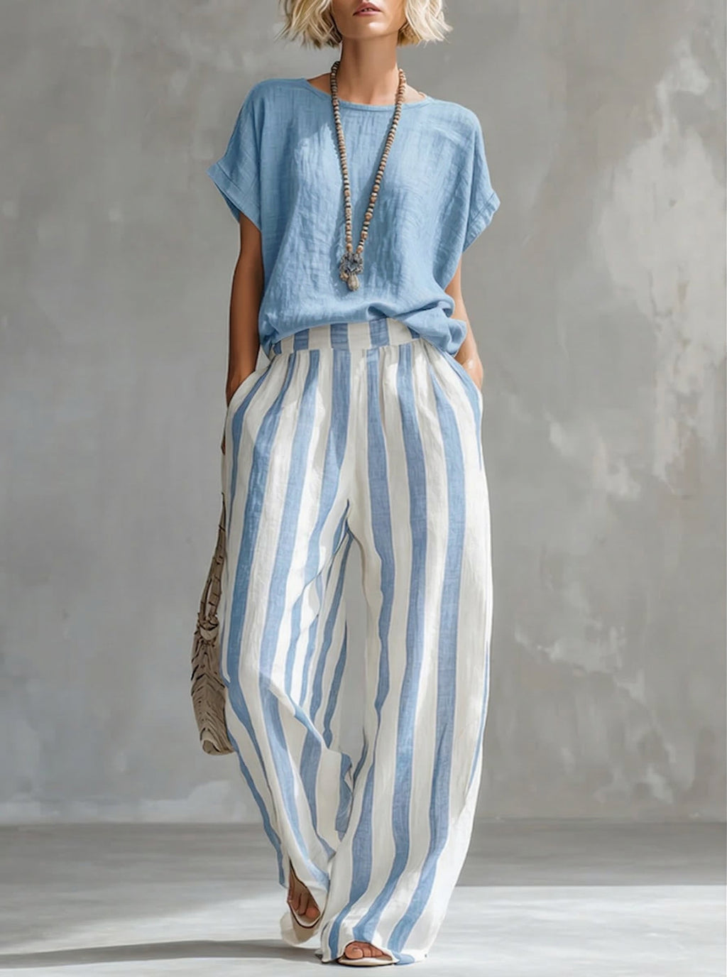 Cozy Loose-fit Striped Cotton-linen Two-piece Set