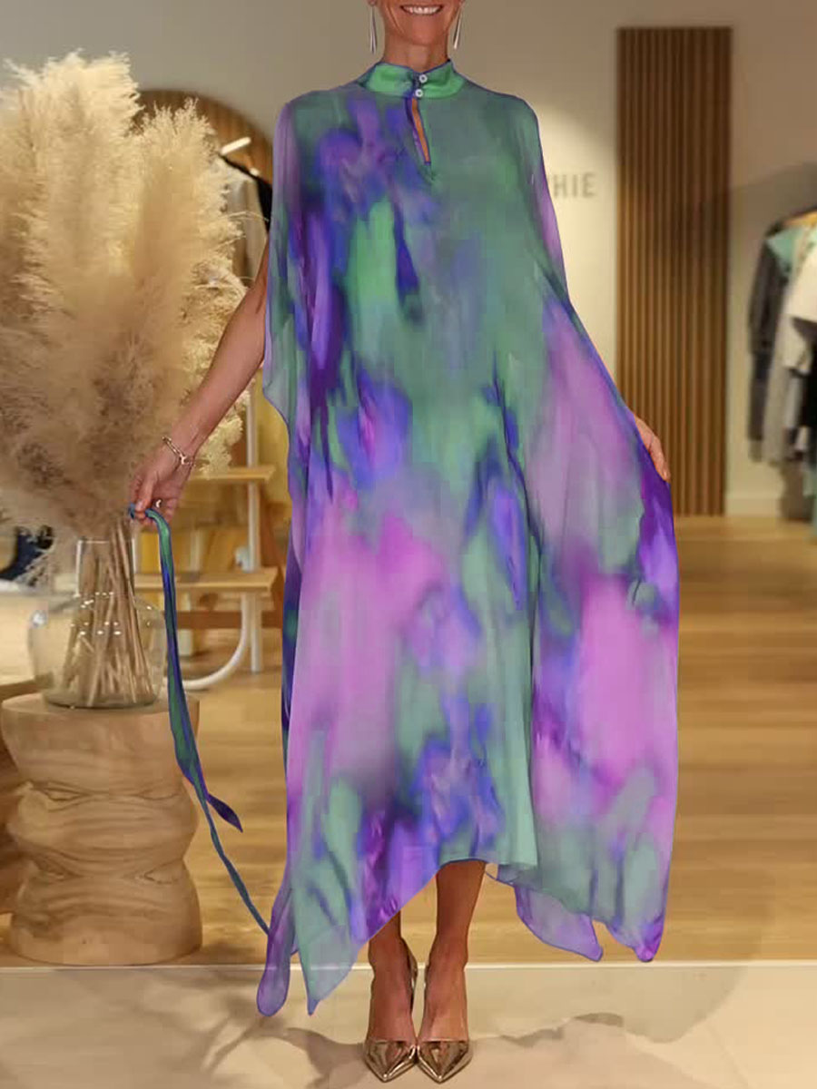 Women's Colorful Tie-Dye Stand Collar Sleeveless Casual Loose Chiffon Dress