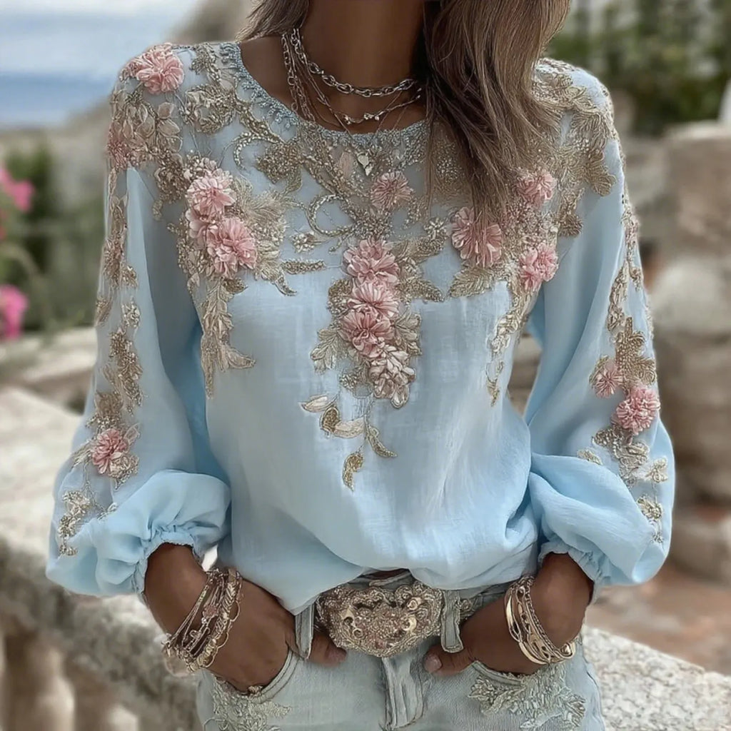Women's Vintage Pink Rose Embroidery Art Round Neck Long Sleeve Linen Blend T-shirt