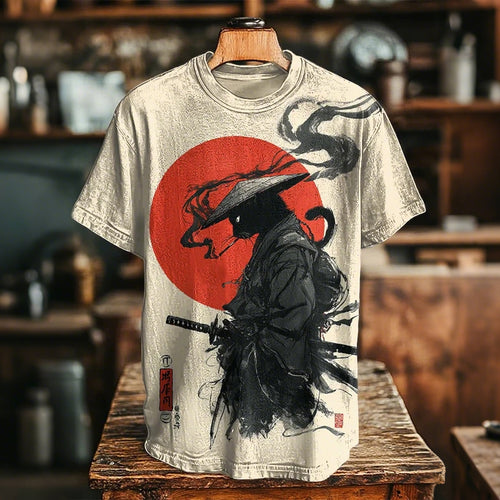Men's The Smoking Black Cat Samurai Print Casual T-shirt