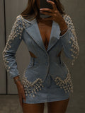 Pearl Embellished Denim Blazer & Mini Skirt Two‐Piece Suit