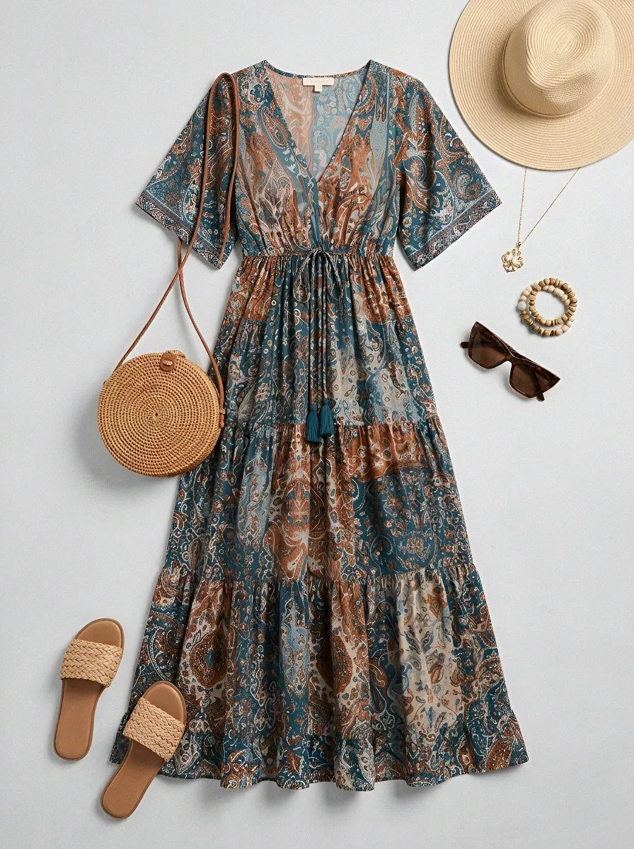 Women's Bohemian V-Neck Paisley Floral Printed Maxi Dress