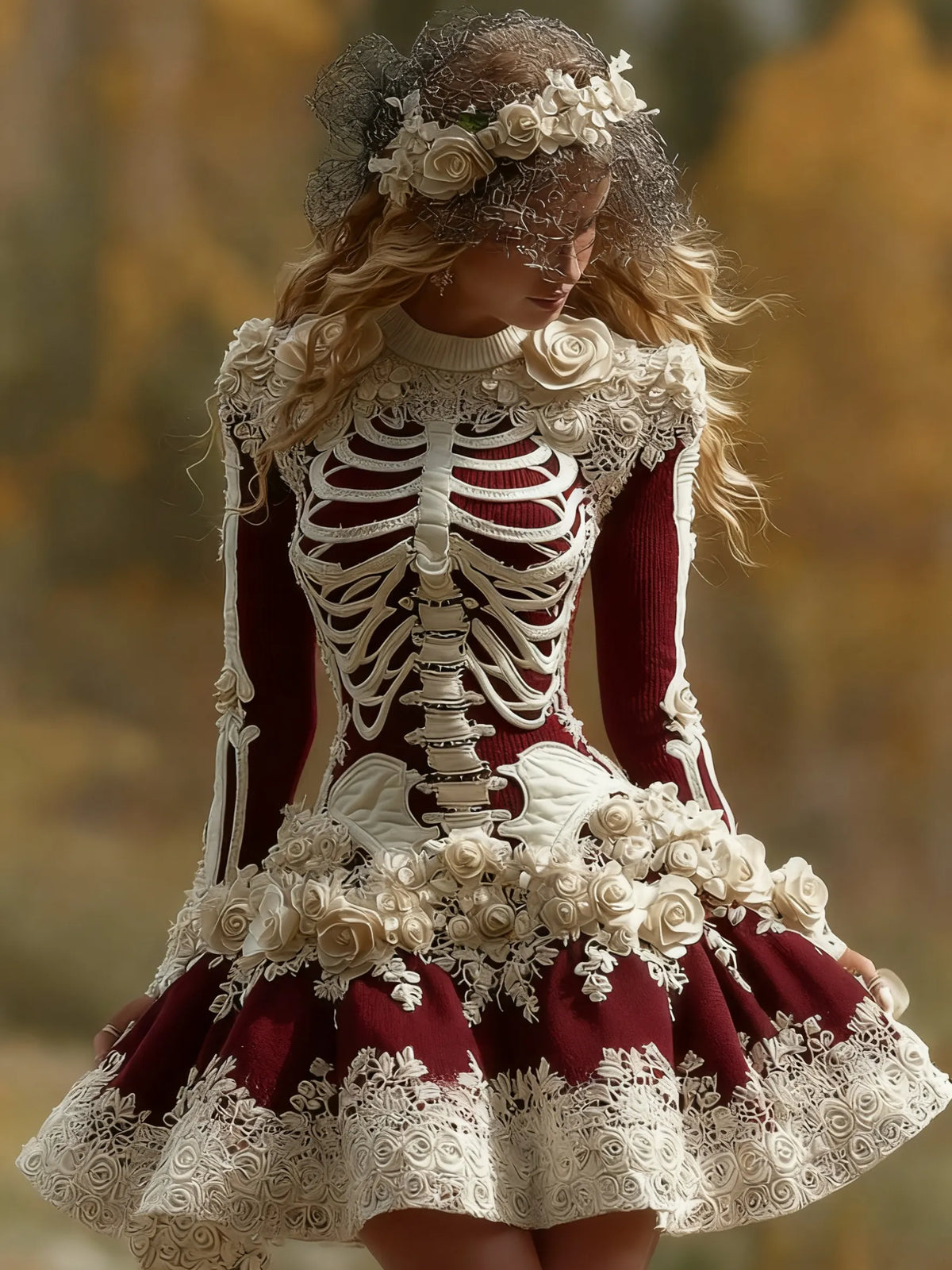 Women's Halloween Skeleton Bones With Rose Art Cozy Knit Mini Sweater Dress
