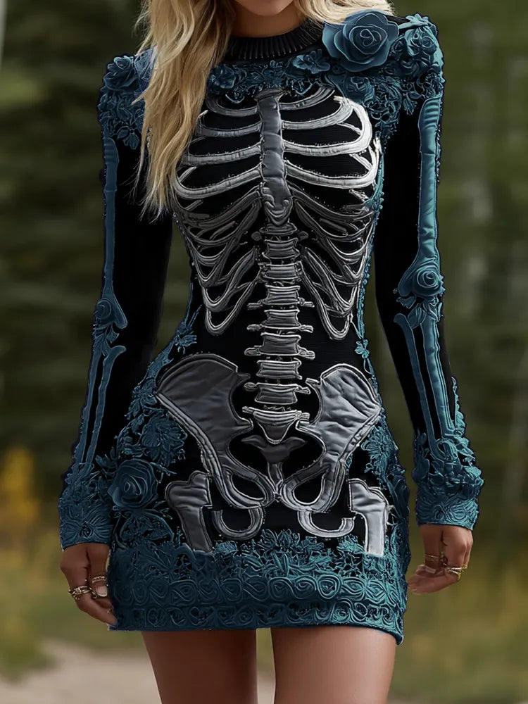 Women's Halloween Skeleton Bones Leather With Rose Pattern Art Hot Sexy Style Cozy Knit Mini Sweater Dress