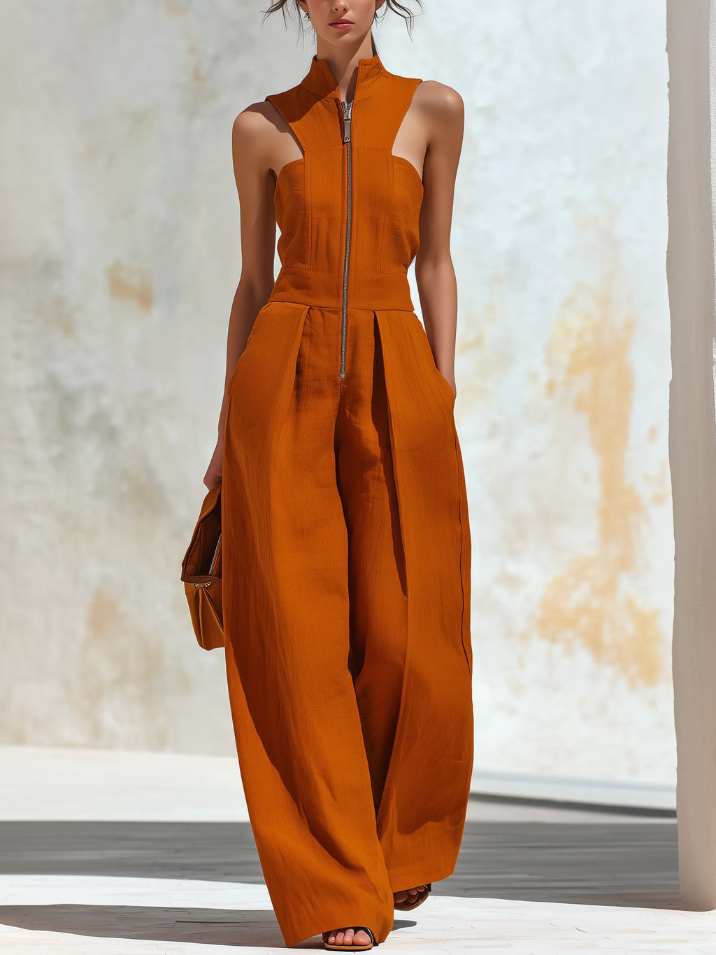 Stand Collar Front Zip Sleeveless Orange Linen Wide Leg Jumpsuit