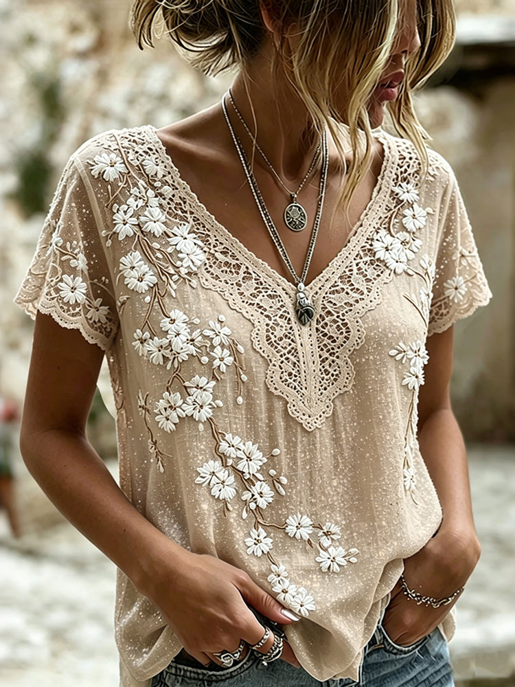 Women's Vintage Floral Art V Neck Casual Linen Blend Top