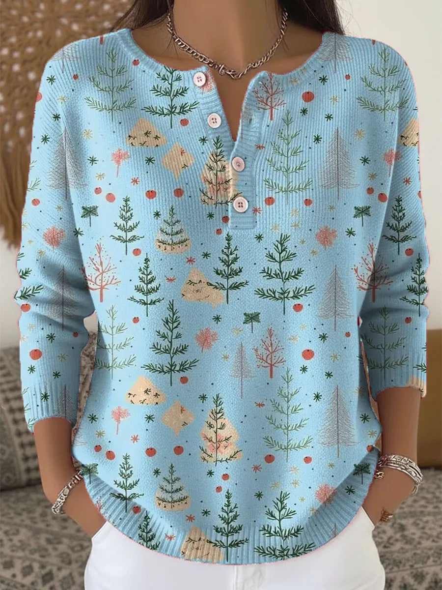 Women's Christmas Tree Art Print Buttoned Cardigan Sweater