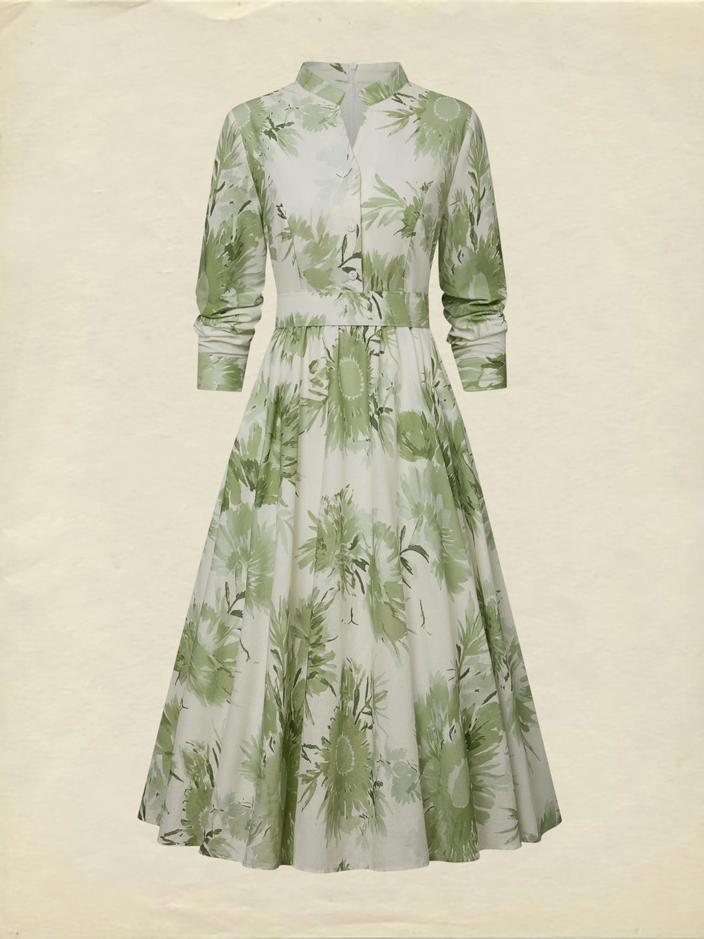Maxi Linen Dress, Half Sleeve, Stand Collar, Floral, Vacation, Vintage, Lightgreen