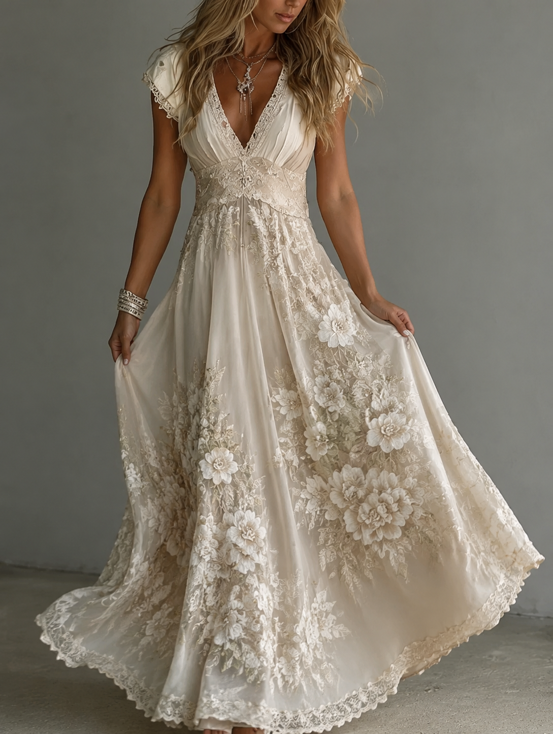 Women's Boho Floral Embroidered Lace Printed Maxi Dress