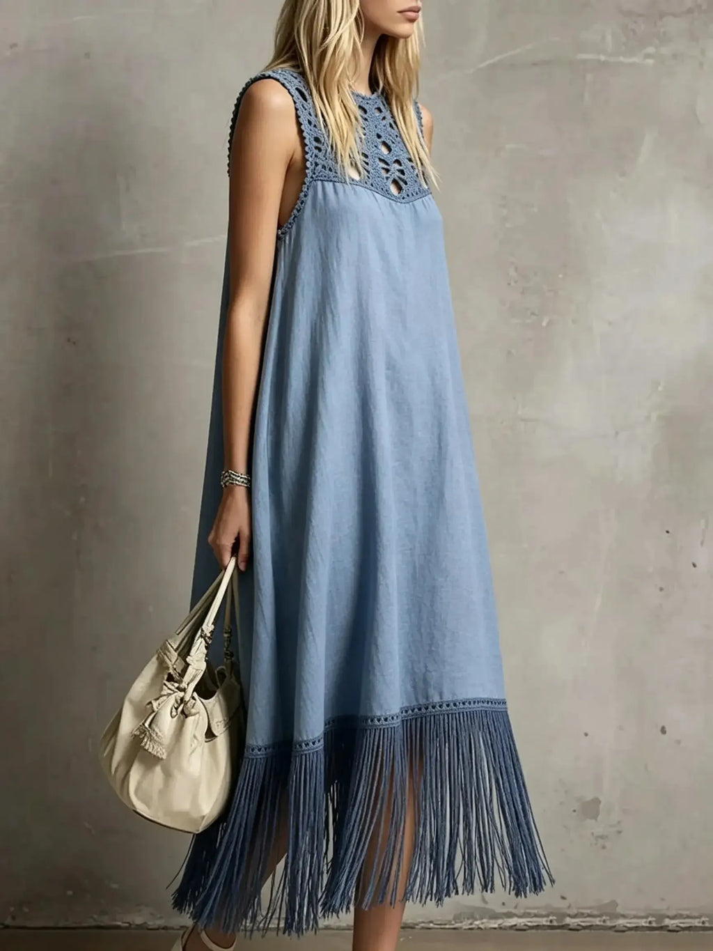Women's Crochet Hollow Solid Tassel Sleeveless Midi Dress
