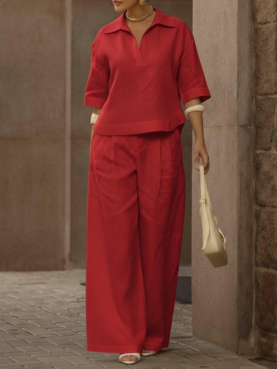 Women's Casual Linen And Cotton Shirt And Wide-leg Pants Two-piece Set