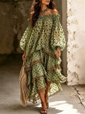 Women Big Polka Dot Lace Off Shoulder Irregular Tiered Maxi Dress