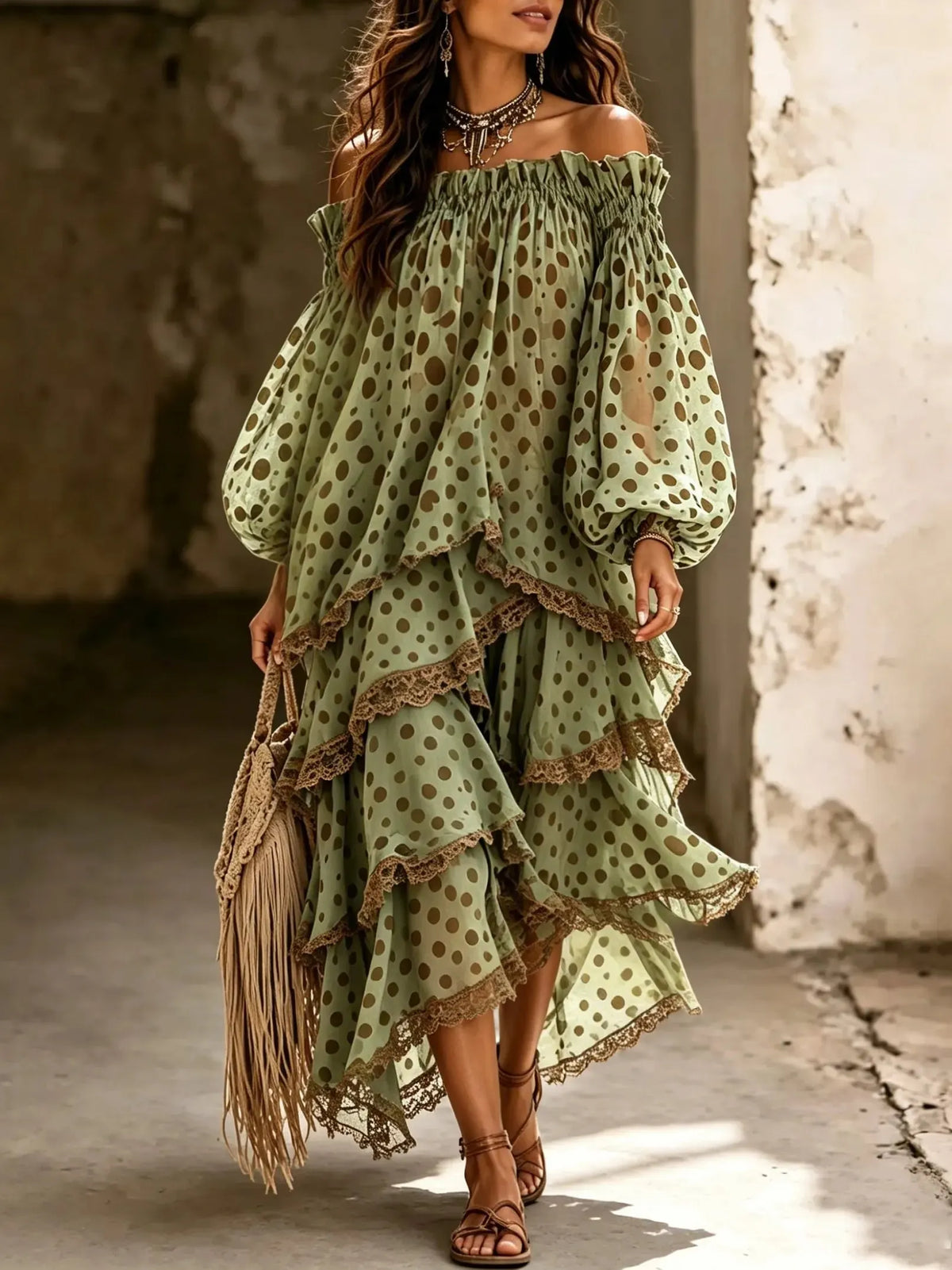 Women Big Polka Dot Lace Off Shoulder Irregular Tiered Maxi Dress