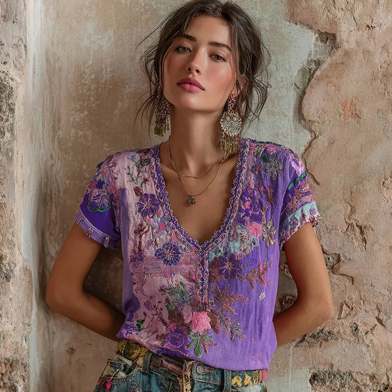 Women's Bohemian Floral Embroidery Art V-neck Contrast Color Linen Blend T-shirt