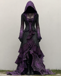 Halloween Contrast Spiderweb Lace Panel Ruffle Hooded Dress c505