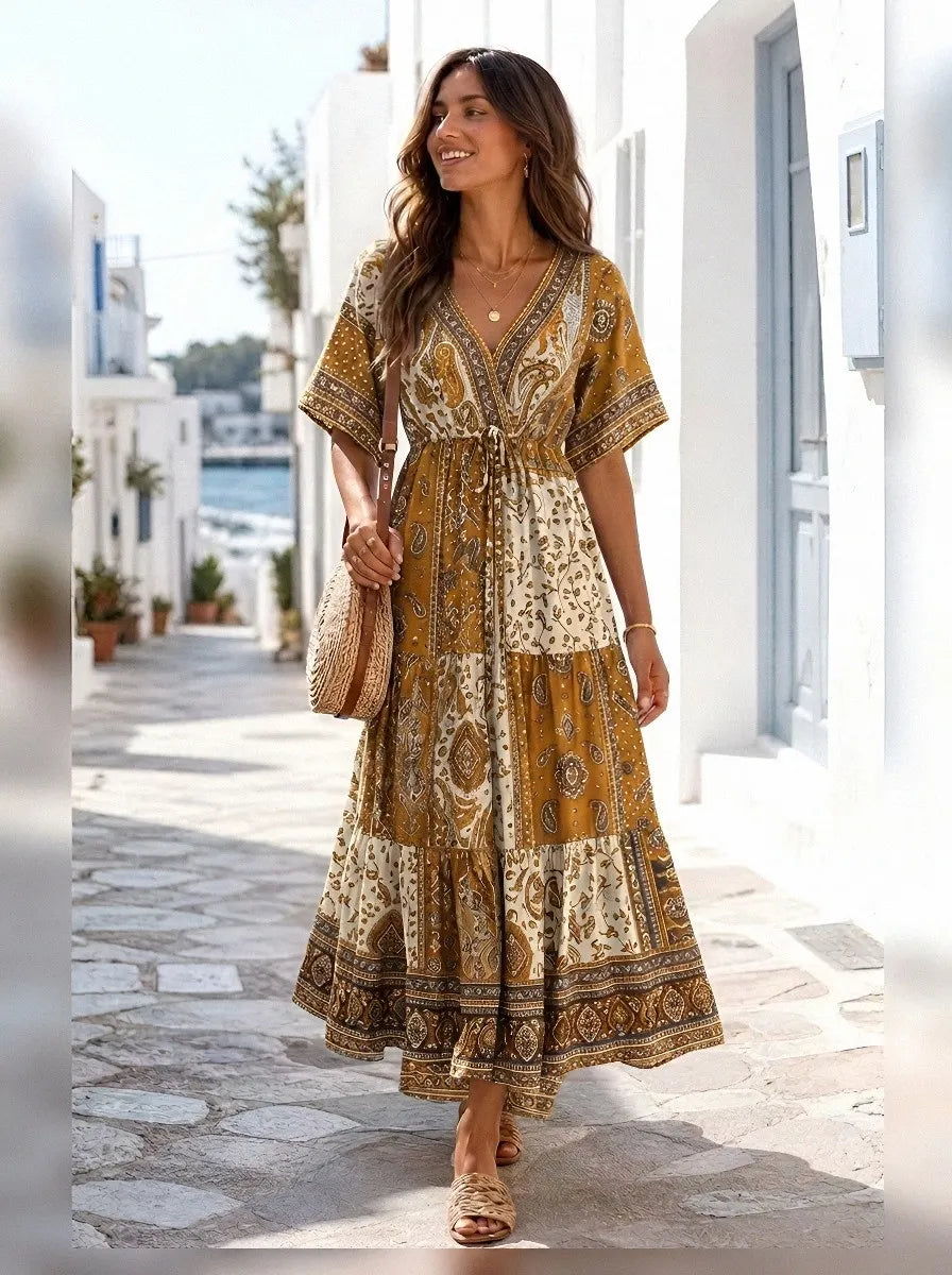 Women's Bohemian V-Neck Paisley Floral Printed Maxi Dress