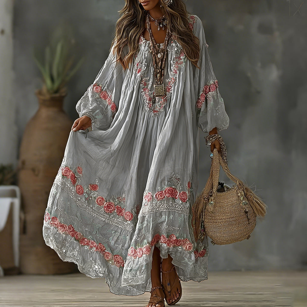 Women's Vintage Floral Art Print Flowy Linen Blend Casual Long Sleeve Maxi Dress