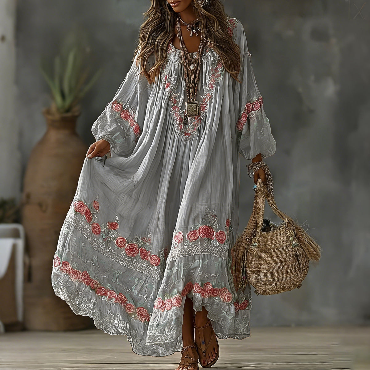 Women's Vintage Floral Art Print Flowy Linen Blend Casual Long Sleeve Maxi Dress